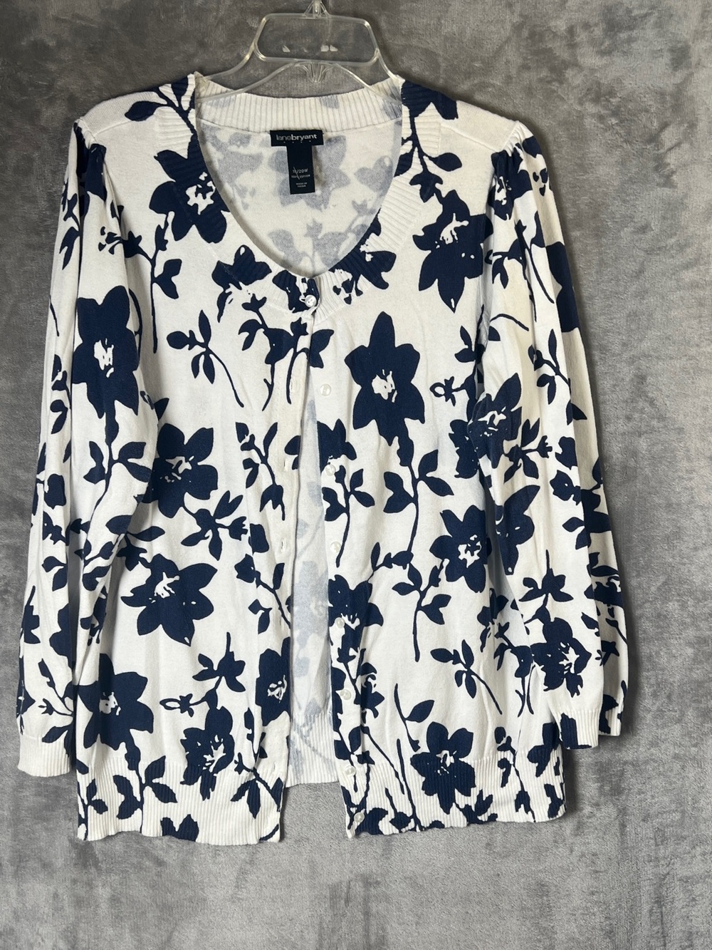Lane Bryant White and Navy Floral Button-Front Cardigan